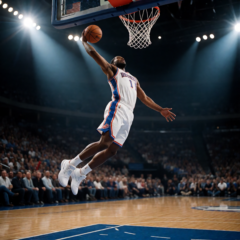 篮球比赛精彩瞬间，球员空中扣篮，球场灯光聚焦，NBA级别专业比赛现场