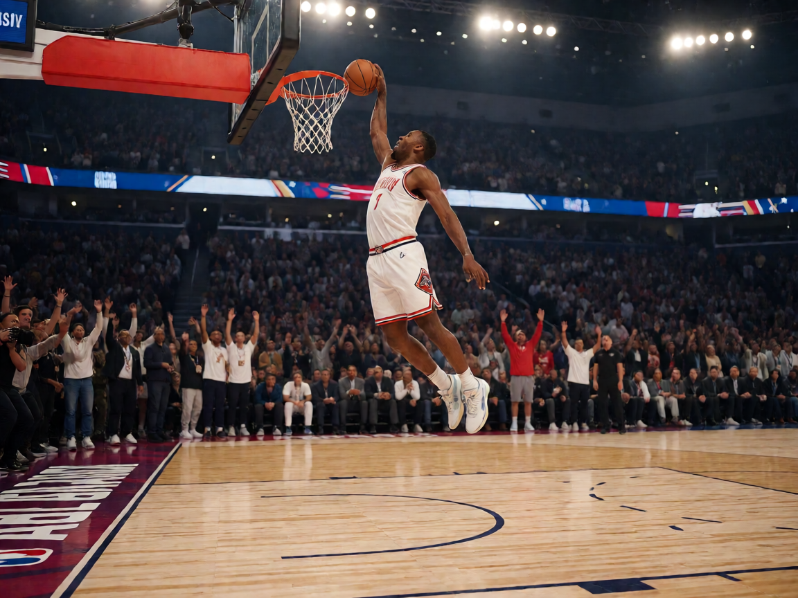 NBA全明星赛现场，球星们在赛场上精彩表现，观众欢呼的热烈氛围